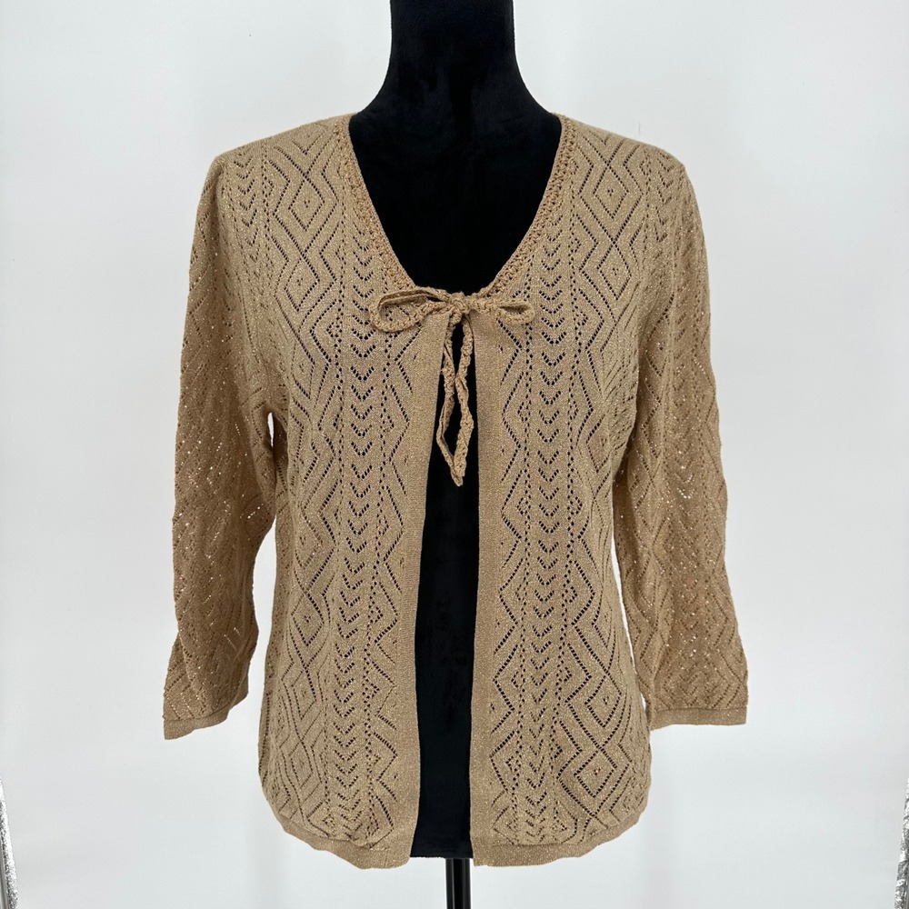 Judith Hart Vtg Gold Metallic Front Tie Bow Vneck Cardigan 3/4 Sleeve Size Large